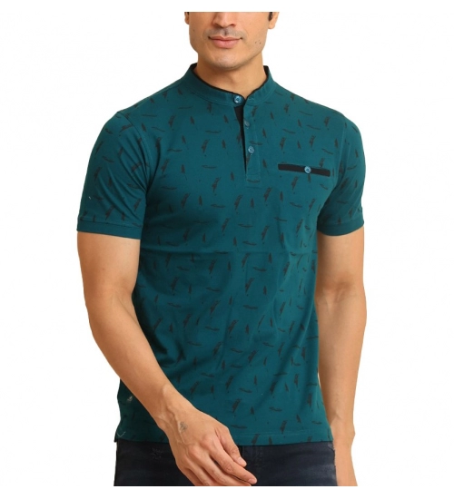 Men's Casual Cotton Printed Mandarin Collar Half Sleeve T-Shirt (Green)