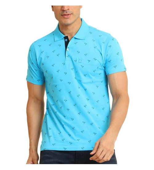 Men's Casual Cotton Printed Polo Neck Half Sleeve T-Shirt (Skyblue)