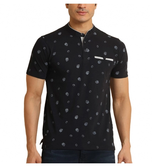 Men's Casual Cotton Printed Mandarin Collar Half Sleeve T-Shirt (Black)
