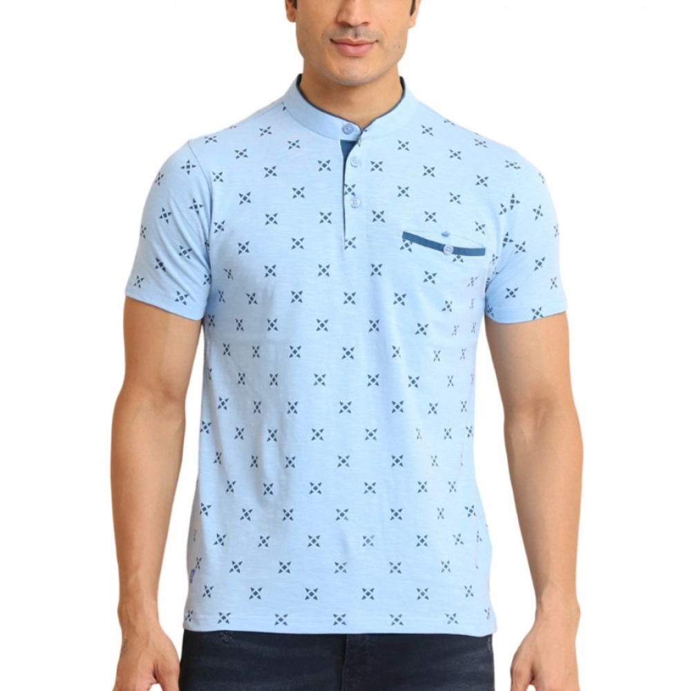Generic Men's Casual Cotton Printed Mandarin Collar Half Sleeve T-Shirt (Skyblue)