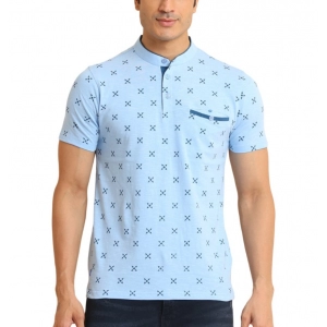 Generic Men's Casual Cotton Printed Mandarin Collar Half Sleeve T-Shirt (Skyblue)