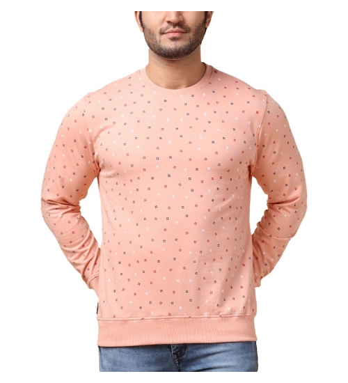 Men's Casual Cotton Printed Round Neck Full Sleeve Sweat T-Shirt (Peach)