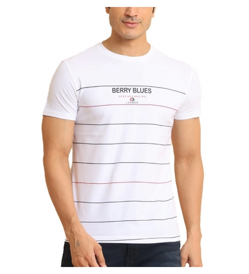 Men's Casual Cotton Printed Round Neck Half Sleeve T-Shirt (White)