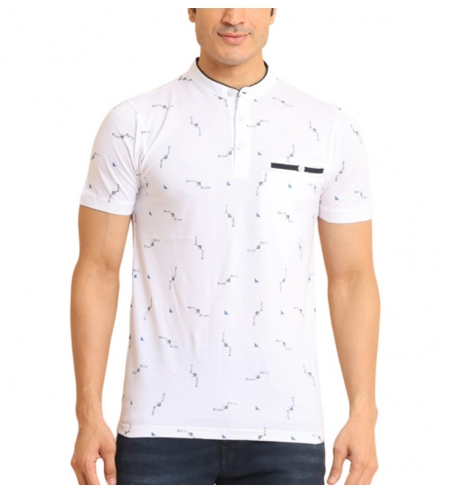 Men's Casual Cotton Printed Mandarin Collar Half Sleeve T-Shirt (White)
