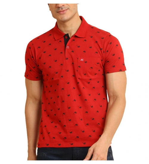 Men's Casual Cotton Printed Polo Neck Half Sleeve T-Shirt (Red)
