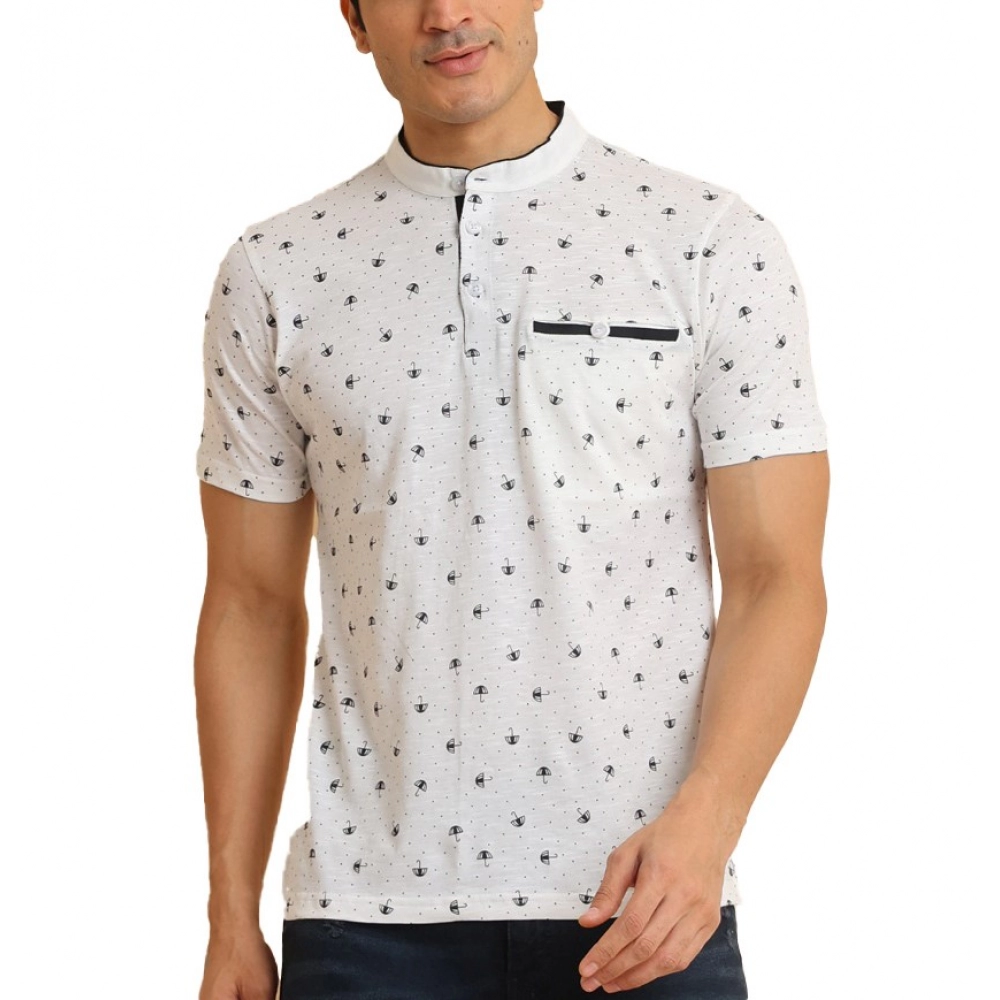 Generic Men's Casual Cotton Printed Mandarin Collar Half Sleeve T-Shirt (Offwhite)
