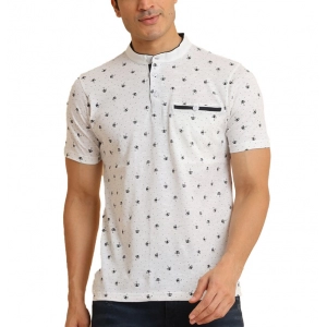 Generic Men's Casual Cotton Printed Mandarin Collar Half Sleeve T-Shirt (Offwhite)