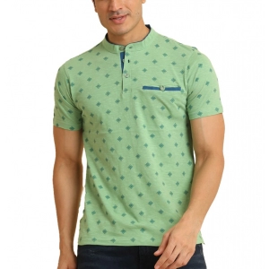 Generic Men's Casual Cotton Printed Mandarin Collar Half Sleeve T-Shirt (LightGreen)