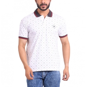 Generic Men's Casual Cotton Printed Polo Neck Half Sleeve T-Shirt (White)