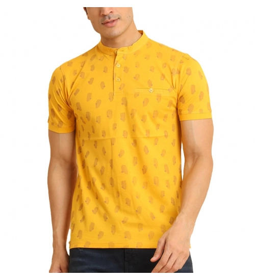 Men's Casual Cotton Printed Mandarin Collar Half Sleeve T-Shirt (Mustard)