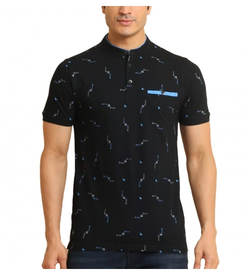 Men's Casual Cotton Printed Mandarin Collar Half Sleeve T-Shirt (Navy)