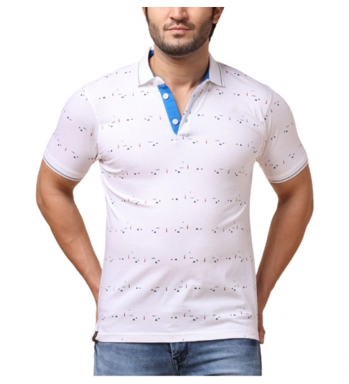 Men's Casual Cotton Printed Polo Neck Half Sleeve T-Shirt (White)