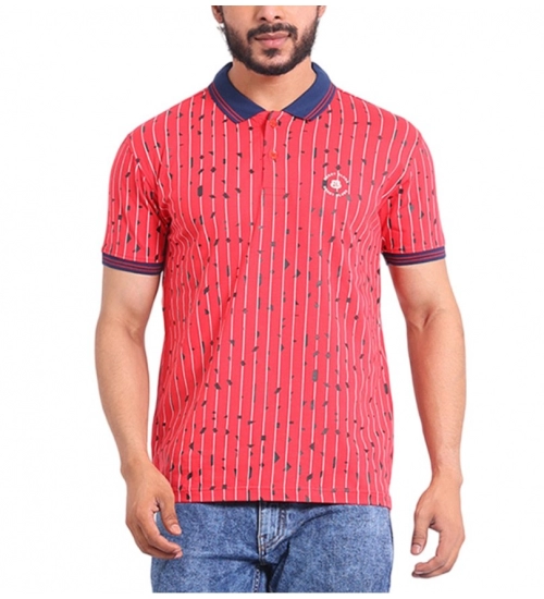 Men's Casual Cotton Printed Polo Neck Half Sleeve T-Shirt (Red)