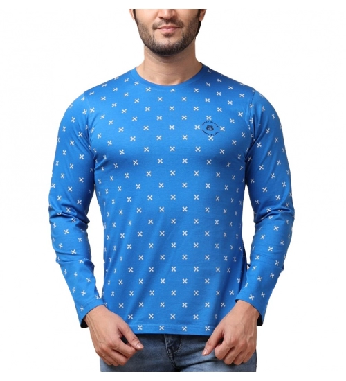 Men's Casual Cotton Printed Round Neck Full Sleeve T-Shirt (Blue)