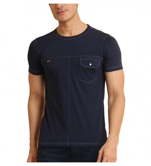 Men's Casual Cotton Solid Round Neck Half Sleeve T-Shirt (Navy)