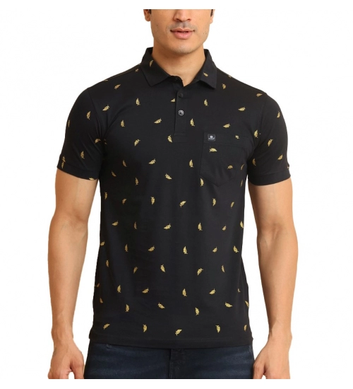 Men's Casual Cotton Printed Polo Neck Half Sleeve T-Shirt (Black)