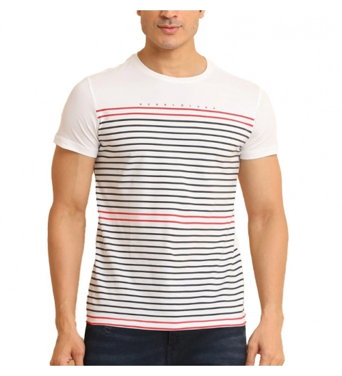 Men's Casual Cotton Printed Round Neck Half Sleeve T-Shirt (White)