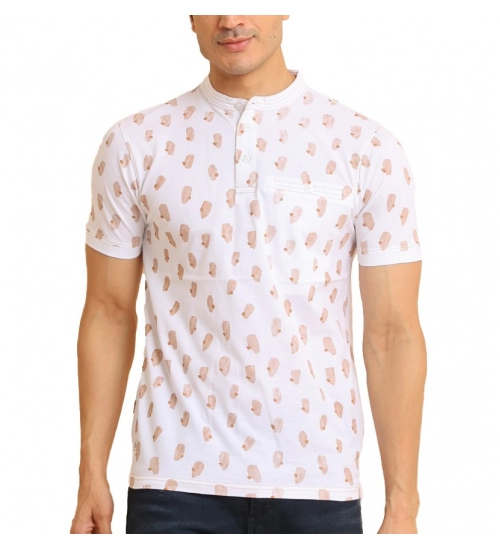 Men's Casual Cotton Printed Mandarin Collar Half Sleeve T-Shirt (White)