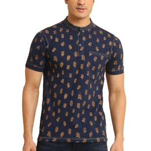 Generic Men's Casual Cotton Printed Mandarin Collar Half Sleeve T-Shirt (Navy)