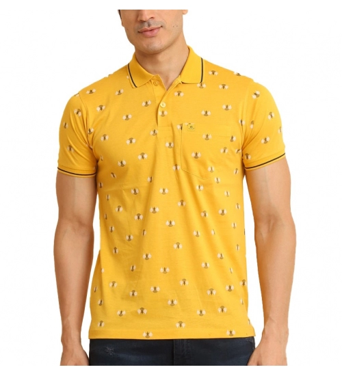 Men's Casual Cotton Printed Polo Neck Half Sleeve T-Shirt (Mustard)