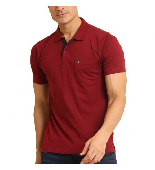 Men's Casual Cotton Printed Polo Neck Half Sleeve T-Shirt (Red)