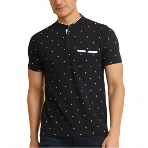 Generic Men's Casual Cotton Printed Mandarin Collar Half Sleeve T-Shirt (Black)