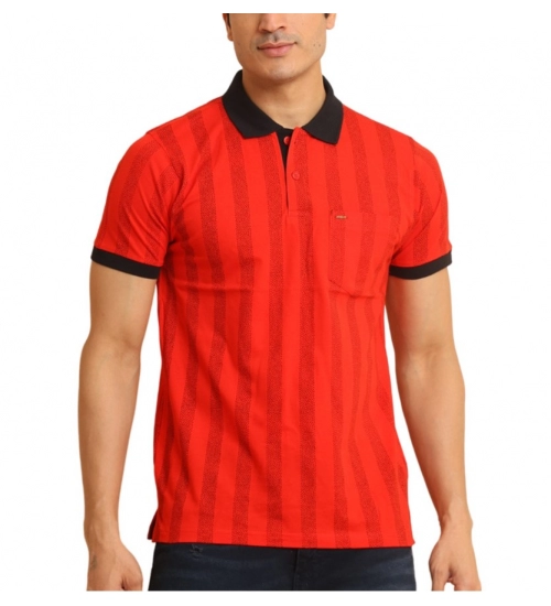 Men's Casual Cotton Printed Polo Neck Half Sleeve T-Shirt (Red)