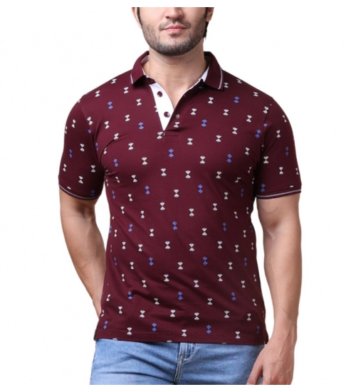 Men's Casual Cotton Printed Polo Neck Half Sleeve T-Shirt (Plum)