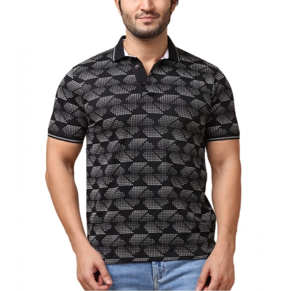 Generic Men's Casual Cotton Printed Polo Neck Half Sleeve T-Shirt (Black)