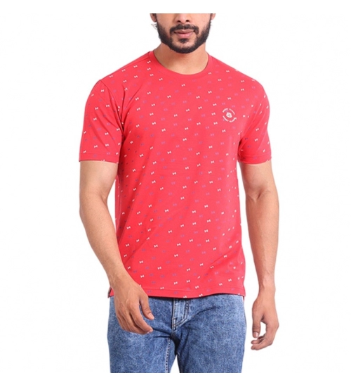 Men's Casual Cotton Printed Round Neck Half Sleeve T-Shirt (Red)