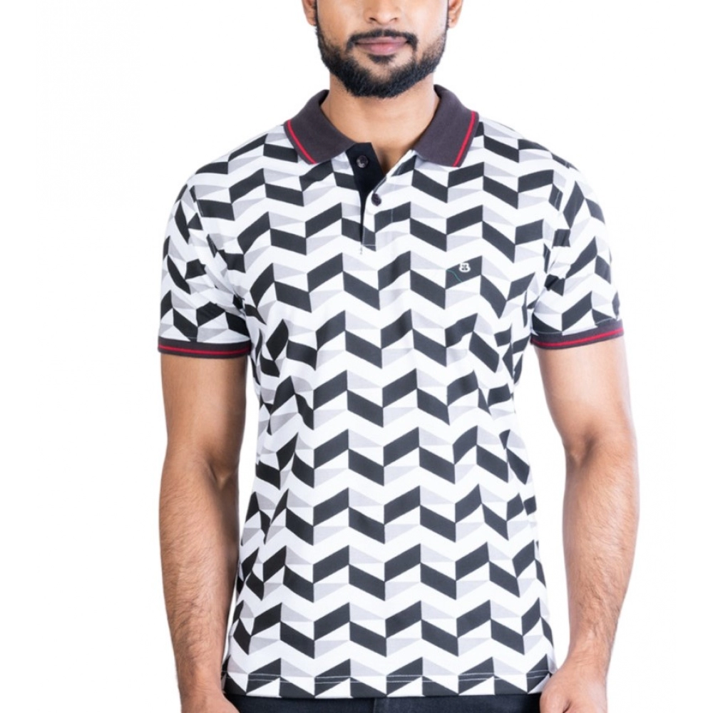 Generic Men's Casual Cotton Printed Polo Neck Half Sleeve T-Shirt (White)