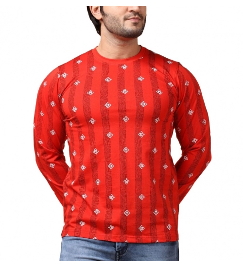 Men's Casual Cotton Printed Round Neck Full Sleeve T-Shirt (Red)