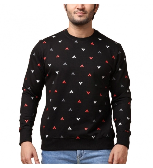 Men's Casual Cotton Printed Round Neck Full Sleeve Sweat T-Shirt (Black)