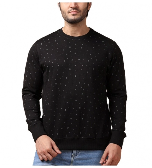 Men's Casual Cotton Printed Round Neck Full Sleeve Sweat T-Shirt (Black)