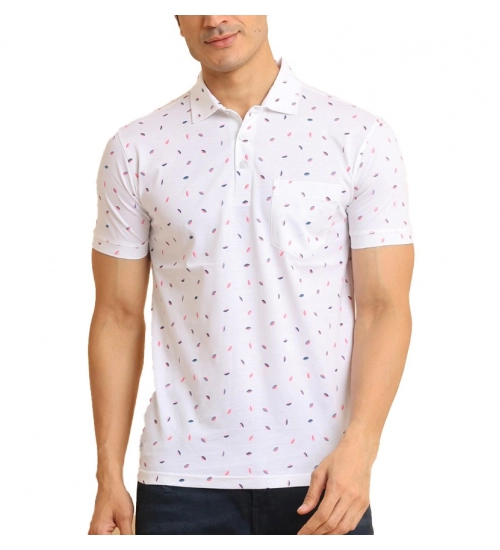 Men's Casual Cotton Printed Polo Neck Half Sleeve T-Shirt (White)