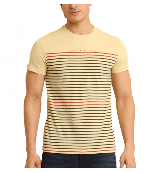 Men's Casual Cotton Printed Round Neck Half Sleeve T-Shirt (Beige)