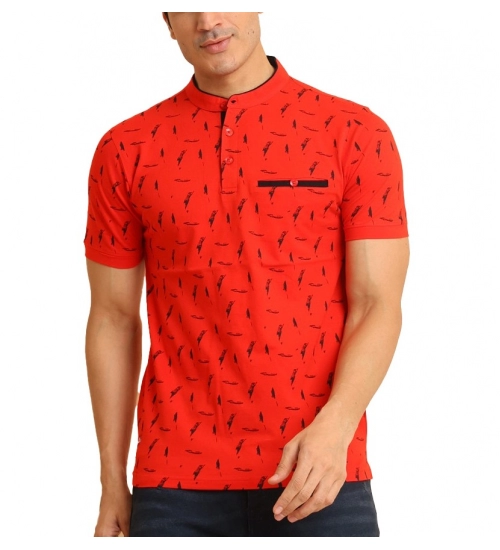 Men's Casual Cotton Printed Mandarin Collar Half Sleeve T-Shirt (Red)