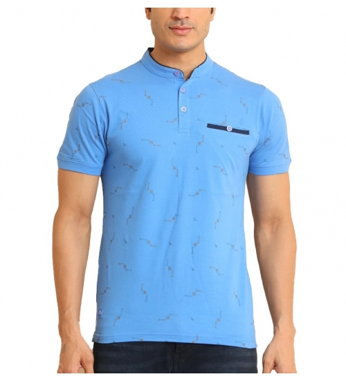 Men's Casual Cotton Printed Mandarin Collar Half Sleeve T-Shirt (LightBlue)