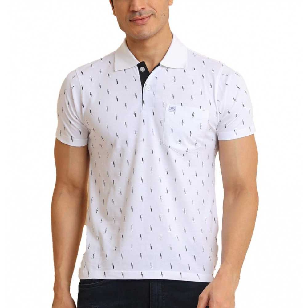 Generic Men's Casual Cotton Printed Polo Neck Half Sleeve T-Shirt (White)