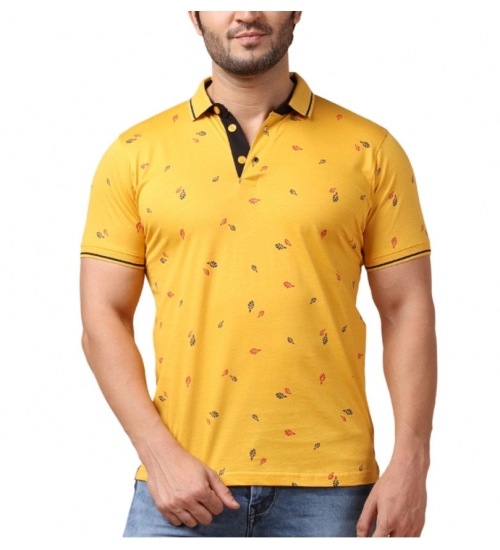 Men's Casual Cotton Printed Polo Neck Half Sleeve T-Shirt (Mustard)