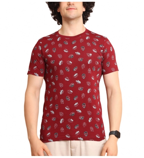 Men's Casual Cotton Printed Round Neck Half Sleeve T-Shirt (Maroon)