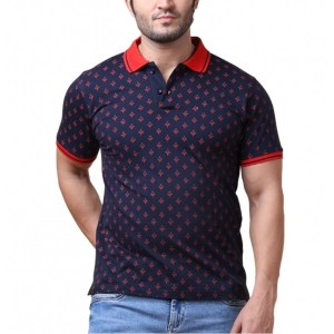 Generic Men's Casual Cotton Printed Polo Neck Half Sleeve T-Shirt (Navy)