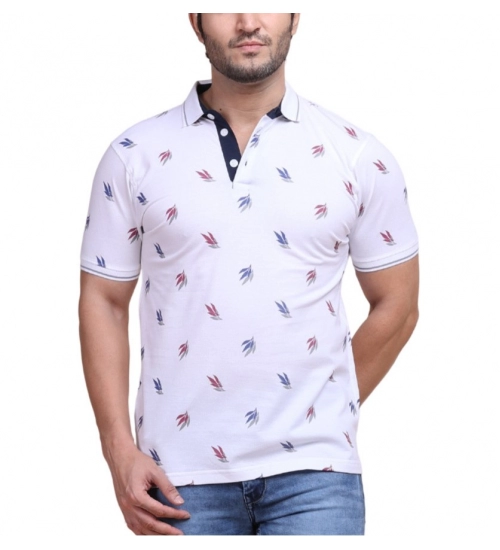 Men's Casual Cotton Printed Polo Neck Half Sleeve T-Shirt (White)