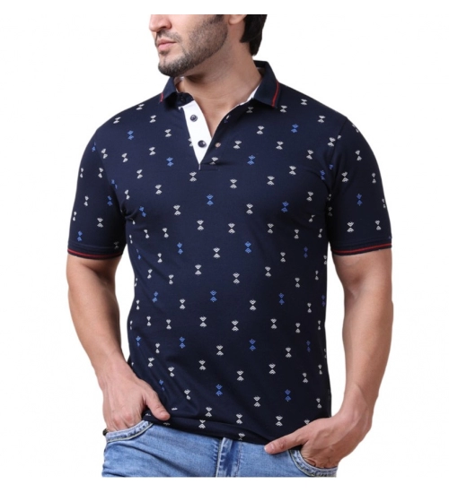 Men's Casual Cotton Printed Polo Neck Half Sleeve T-Shirt (Navy)