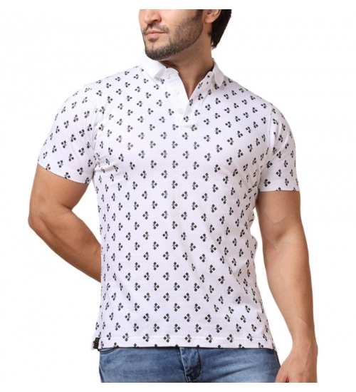 Men's Casual Cotton Printed Polo Neck Half Sleeve T-Shirt (White)