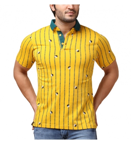 Men's Casual Cotton Printed Polo Neck Half Sleeve T-Shirt (Yellow)