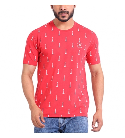 Men's Casual Cotton Printed Round Neck Half Sleeve T-Shirt (Red)