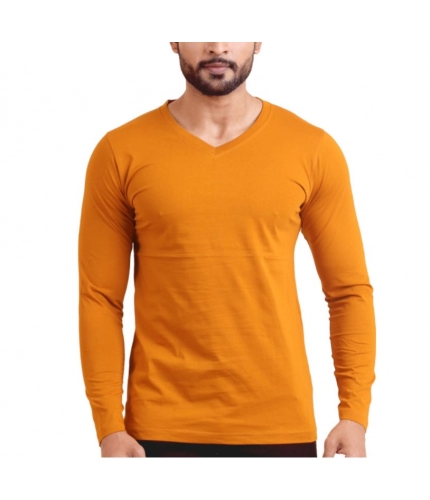 Men's Casual Cotton Solid V Neck Full Sleeve T-Shirt  (Mustard)