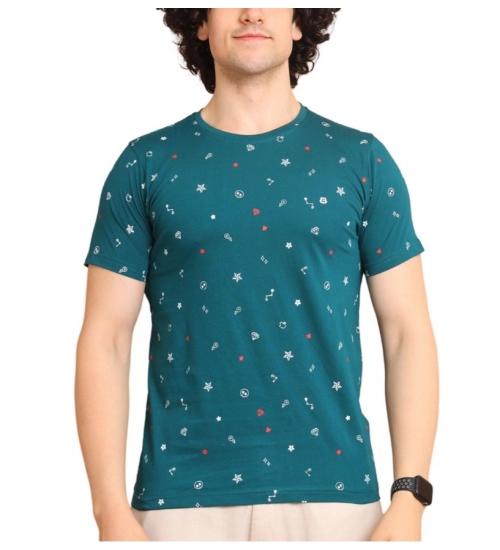 Men's Casual Cotton Printed Round Neck Half Sleeve T-Shirt (Green)
