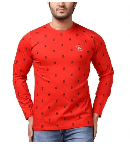 Men's Casual Cotton Printed Round Neck Full Sleeve T-Shirt (Red)